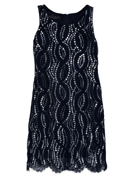 Navy blue party dress with metallic sequins and a geometric pattern, featuring a sleeveless design and a scalloped hem.