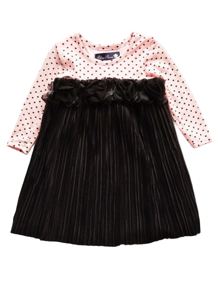 Black party dress with pink and black dot accent fabric. For baby and toddler girls.