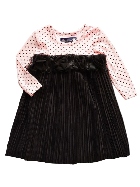 Black party dress with pink and black dot accent fabric. For baby and toddler girls.