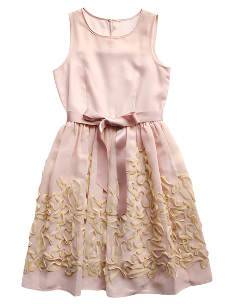 Blush pink chiffon dress embellished with gold metallic lace on skirt, pink satin ribbon belt at waist. Sleeveless. Blush by Us Angels girls party dress.