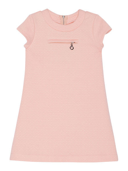 Pink cap sleeve knit girls dress. Cute horizontal accent zipper pocket below neckline. Three season fabric.