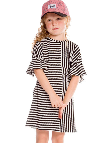 Deux Par Deux Black & White Textured Striped Dress Girls 4,12
