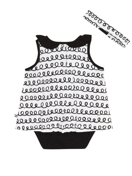 Deux Par Deux Black & White Printed Romper Dress and Headband 6M-18M