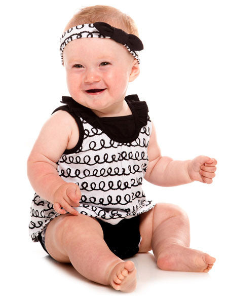 Deux Par Deux Black & White Printed Romper Dress and Headband 6M-18M
