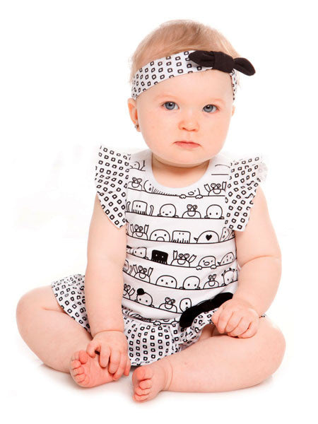 Deux Par Deux Black & White Printed Romper Dress & Headband Set Baby