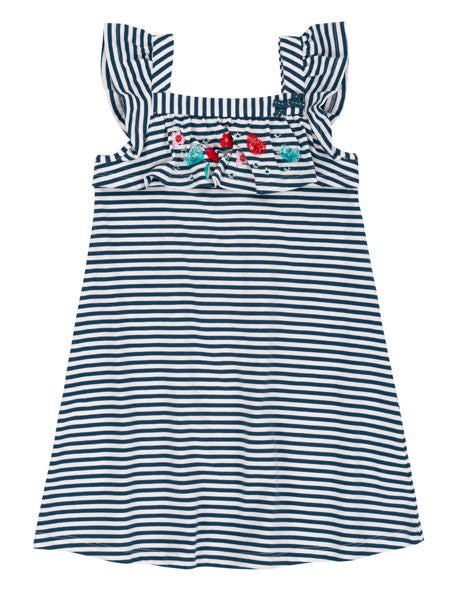 Girl s navy and white stripe sundress by Deux par Deux. Ruffle accents on sleeveless straps and  high waist edge.