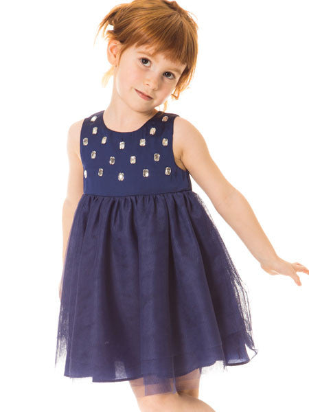 Blue satin dress with soft mesh tulle overlay. Empire waist. Sleeveless. For baby and toddler girls.