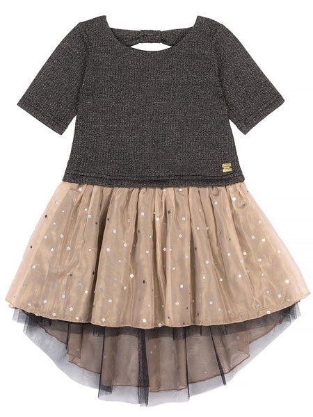Girls high low party dress. Black metallic knit top with gold chiffon skirt over black tulle. Skirt is scattered with small silver squares. Round scoop neck with back bow.