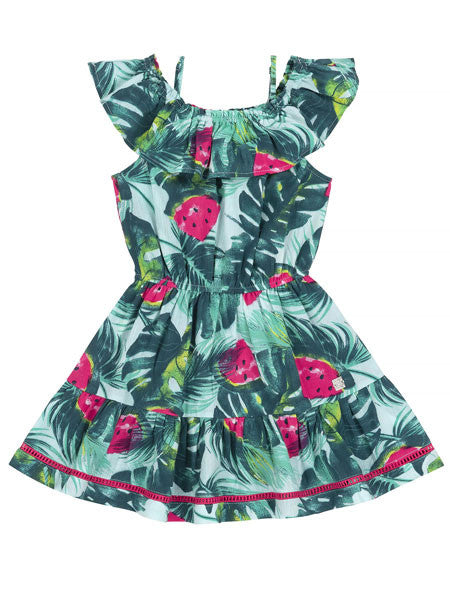 Watermelon print girls sundress by Deux par Deux. Cold shoulder ruffle neckline with thin straps. Gathered waist with full skirt.