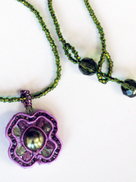 Green & Lavender Woven Bead Pendant  Necklace 16" Long