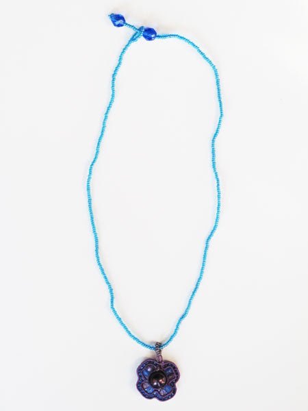 Blue & Purple Woven Bead Pendant Necklace 16" Long