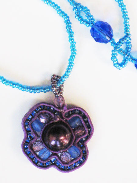 Blue & Purple Woven Bead Pendant Necklace 16" Long