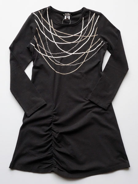 Black long sleeve dress. Embroidered silver necklace chain stitch on upper bodice.