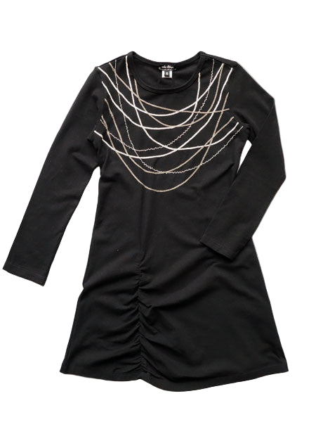 Black long sleeve dress. Embroidered silver necklace chain stitch on upper bodice.