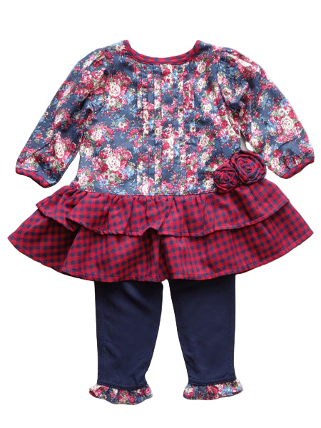 Back view of navy floral baby dress. Long sleeves. Drop waist style.