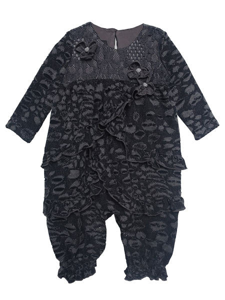 Black and grey abstract floral pattern romper for baby girls. Long sleeves. Floral applique accents