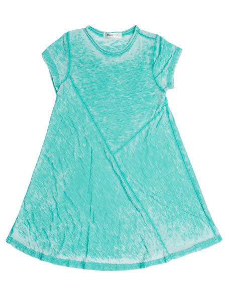 A distressed aqua green swing dress with a round neckline and short sleeves.