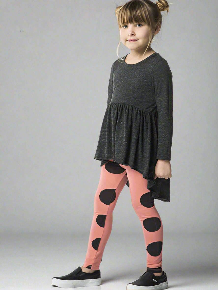 Charcoal grey girls high low jersey tunic by Joah Love shown with pink and black dot leggings.