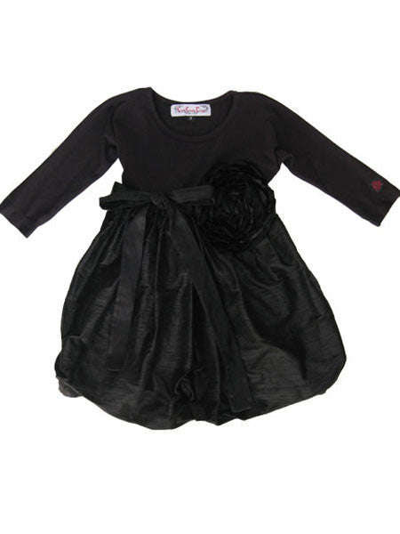 Girls black party dress, bubble edge hem skirt of Dupioni silk, long sleeves.