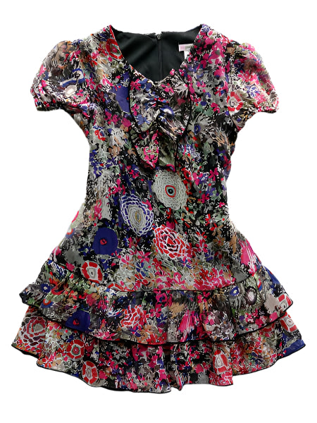 Floral chiffon little girls dress. Cap sleeves, back tie, drop waist style with ruffled tiers on skirt. Blues, reds, and greens, multicolored.
