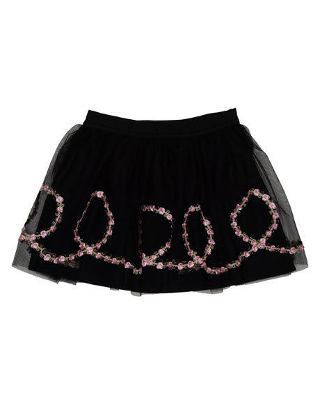 Black skirt with embroidered flowers on the front, part of the Rumba Roses Collection by Kate Mack.