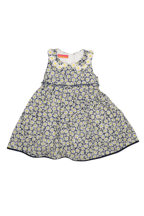 Daisy print, navy and white, sleeveless dress. Daisy appliques on collar.
