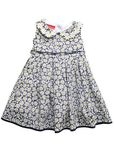Daisy print, navy and white, sleeveless dress. Daisy appliques on collar.