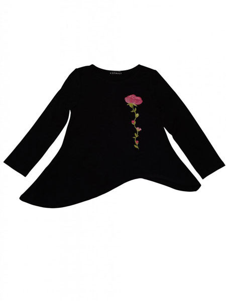 Black top with asymmetrical hemline and embroidered long stemmed rose on front.