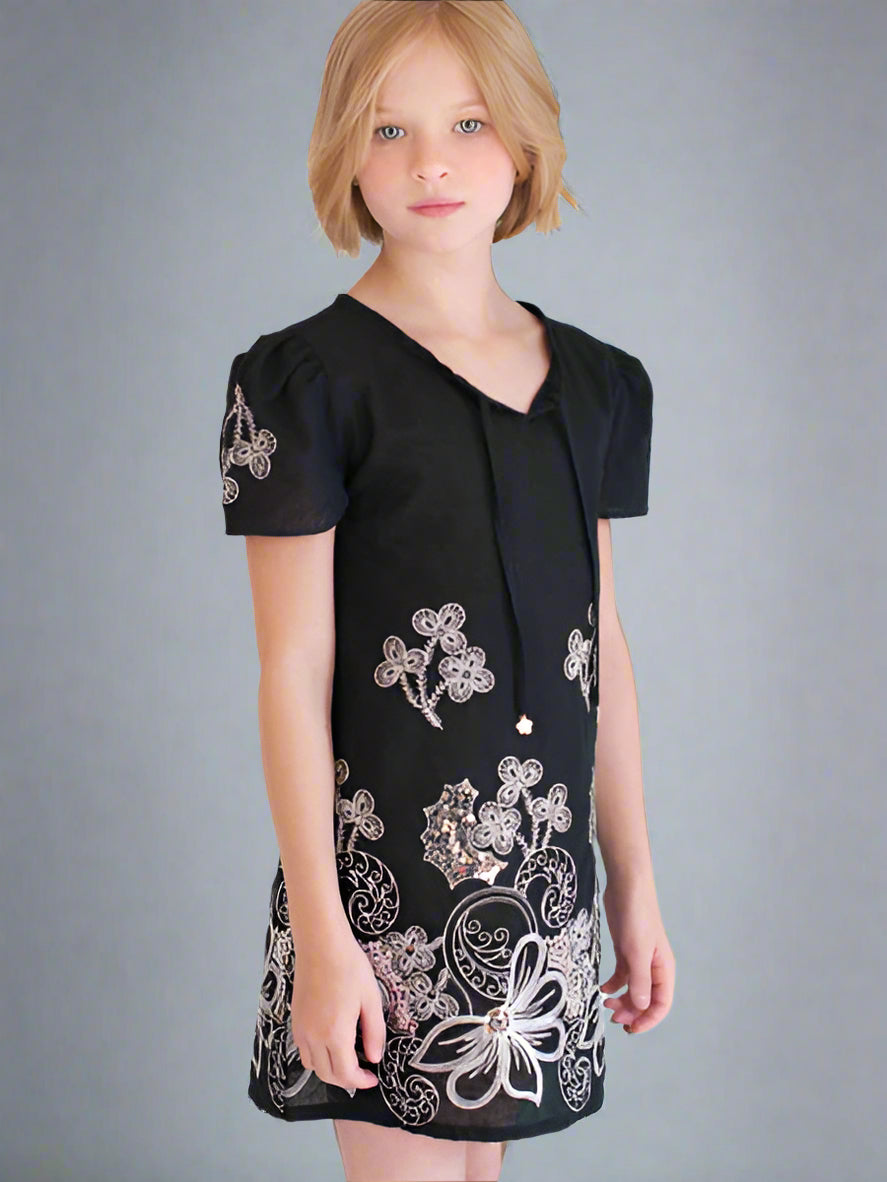 LAUNDRY by Shelli Segal Girls Black & Silver Cotton Dress Sizes 4-7