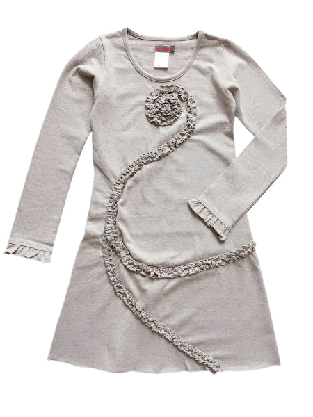 Medium color gray jersey girls dress. Cute ruffle edging on sleeve cuffs and swirl pattern on the front of the dress.