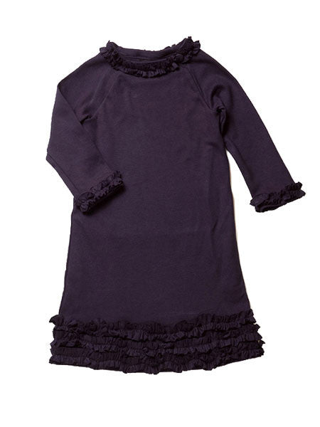 Black medium weight jersey knit dress, long sleeves. Ruffle trim on collar, sleeves, and hem line.