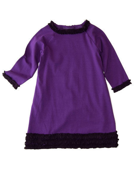 Purple medium weight jersey knit dress, long sleeves. Black ruffle trim on collar, sleeves, and hem line.