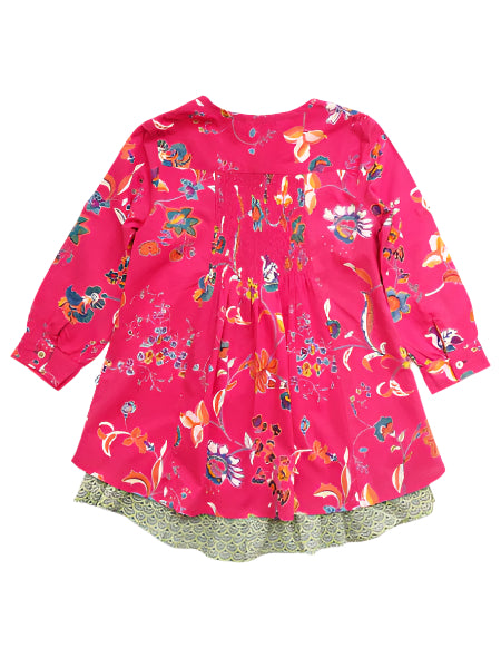 Pink dress with colorful floral pattern on a white background