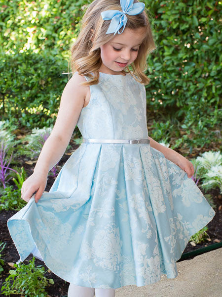 Luli & Me Blue Flocked Jacquard Dress Belted Sizes 4, 5
