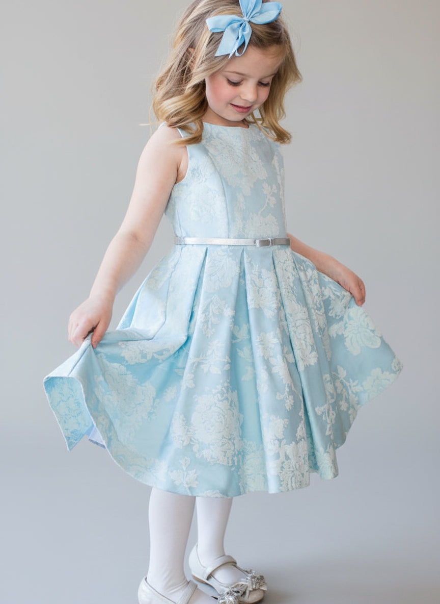 Luli & Me Blue Flocked Jacquard Dress Belted Sizes 4, 5