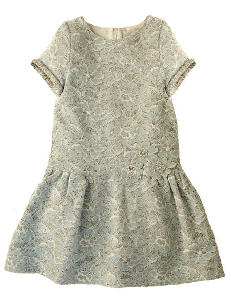 Elegant blue lace and gray knit girls party dress By Luli & Me. Short sleeves and drop waist style.