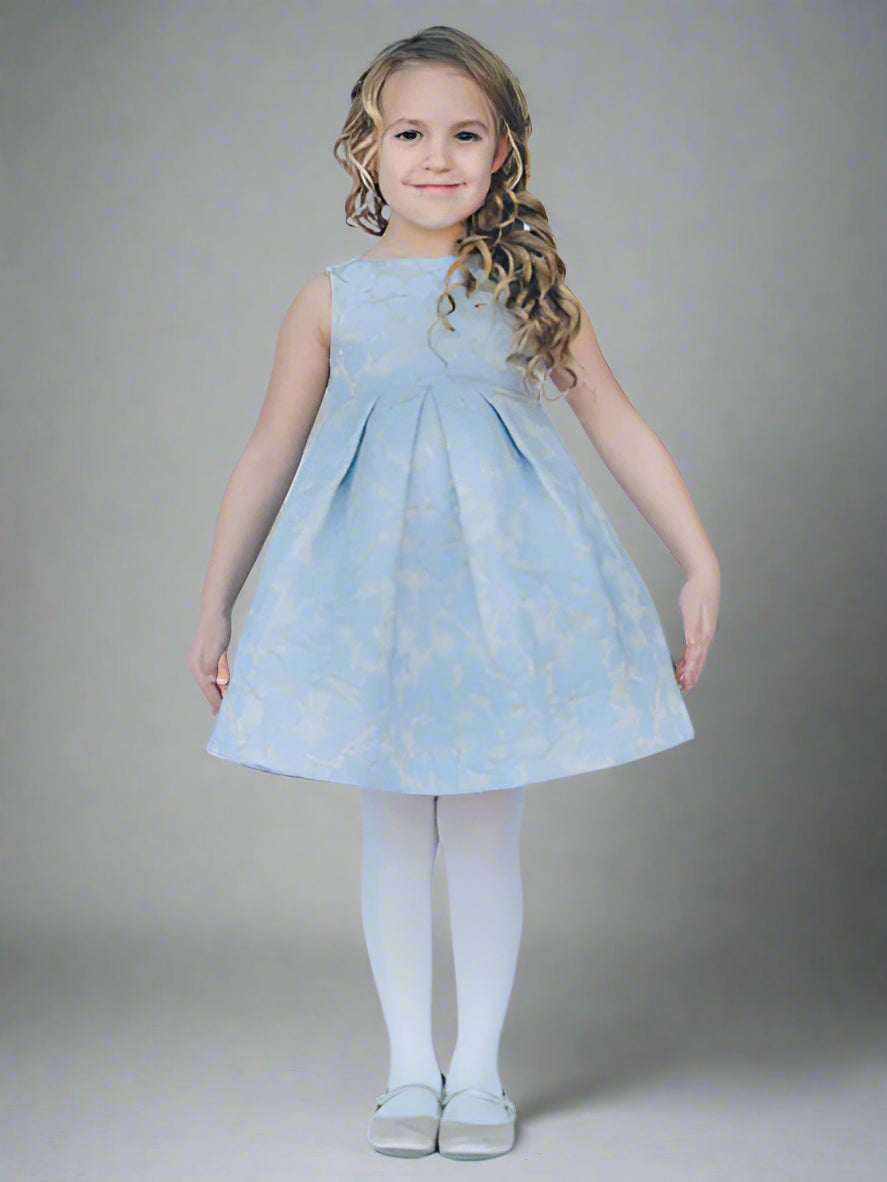Girls in elegant blue and gray floral jacquard dress by Luli & Me. Sleeveless. Empire waist. Satin bow at top of back neck.