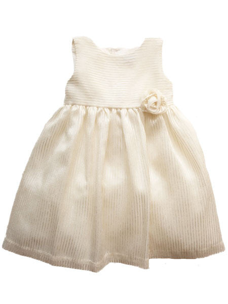 Luli & Me special occasion dress. Cream organza with subtle gold metallic stripe. Sleeveless.