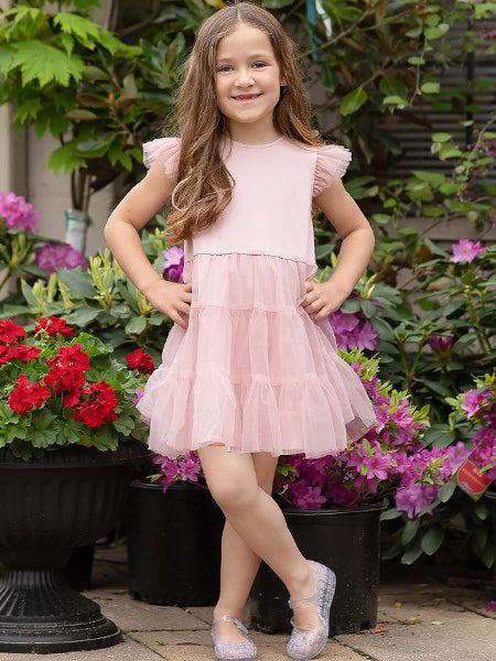 Light pink tulle 3 tiered dress with flutter cap sleeves.