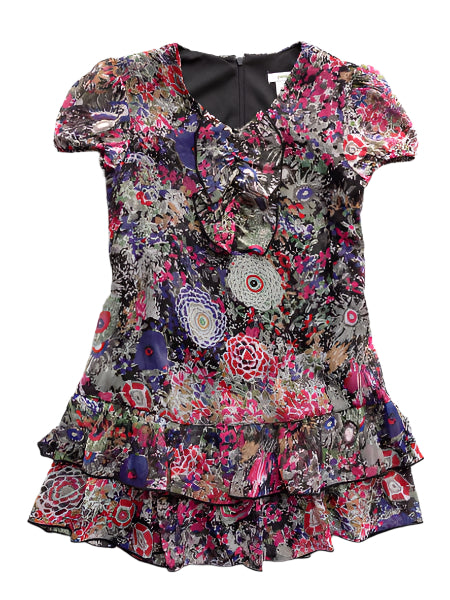 Floral chiffon little girls dress. Cap sleeves, back tie, drop waist style with ruffled tiers on skirt. Blues, reds, and greens, multicolored.