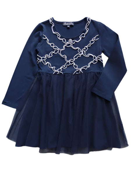 Navy blue soft cotton jersey dress with white trim on ruffled edges, tutu skirt. Blue faux cameo button decoration.