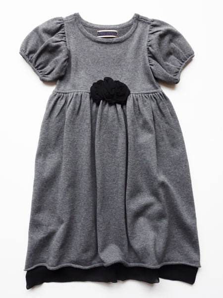 Girls gray sweater dress with puffed short sleeves. Midi length. Black tulle at hem.