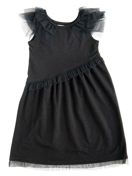 Girls black dress, sleeveless, cotton jersey. Tulle trim at shoulders, round neckline, and hem.