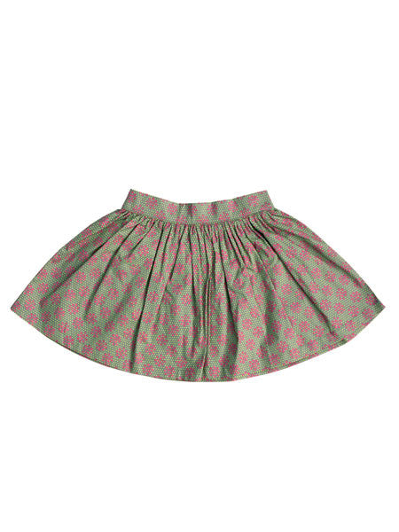 A dove grey cotton skirt with a lime and pink floral print, featuring a gathered waist and elastic in the back.