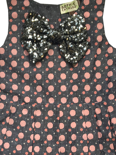 Sleeveless gray cotton chambray party dress with pink dots and silver sequin bow.