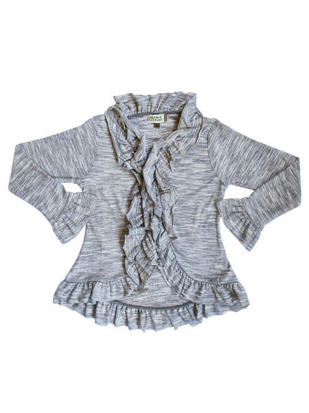 Long sleeve, high low cardigan sweater for little girls by Sophie Catalou. Heathered gray and  ivory. Ruffles along edges and sleeve cuffs.
