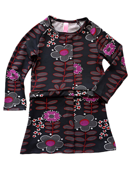 Black and pink floral print knit dress for toddler and little girls.