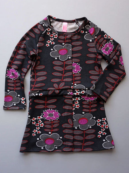 Black and pink floral print knit dress for toddler and little girls.
