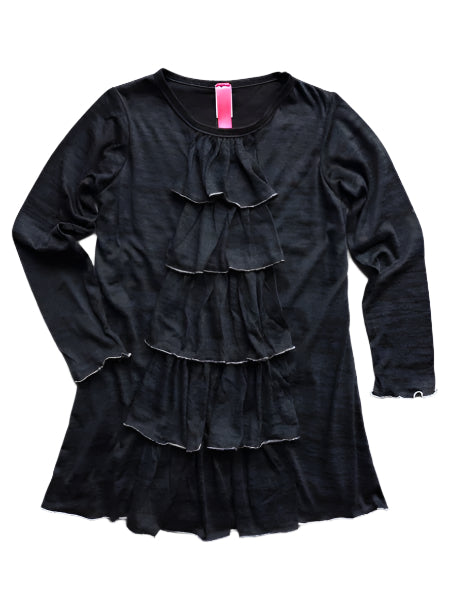 Girls black dress, jersey burnout pattern. Ruffle tiered center front panel.