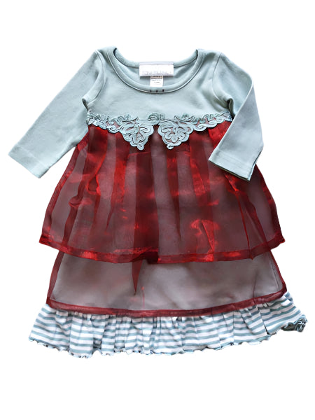 Mint green and red baby girls dress. Red organza overlay.  Lace at empire waist, ivory and mint jersey striped hem accent fabric.